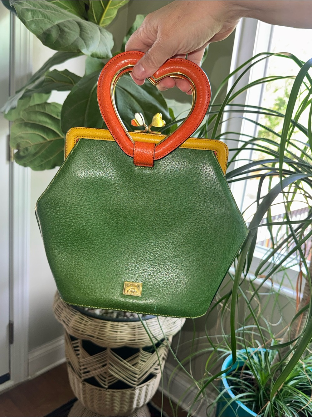 RARE Vintage Moschino Redwall Heart Handle Bag 90s Colorblock Leather Novelty - Picture 2 of 16